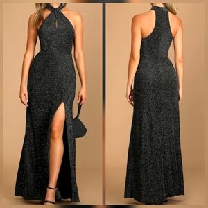 Lulus S Devoted to Dazzling Black Sparkly Halter Mermaid Maxi Dress, Size Small